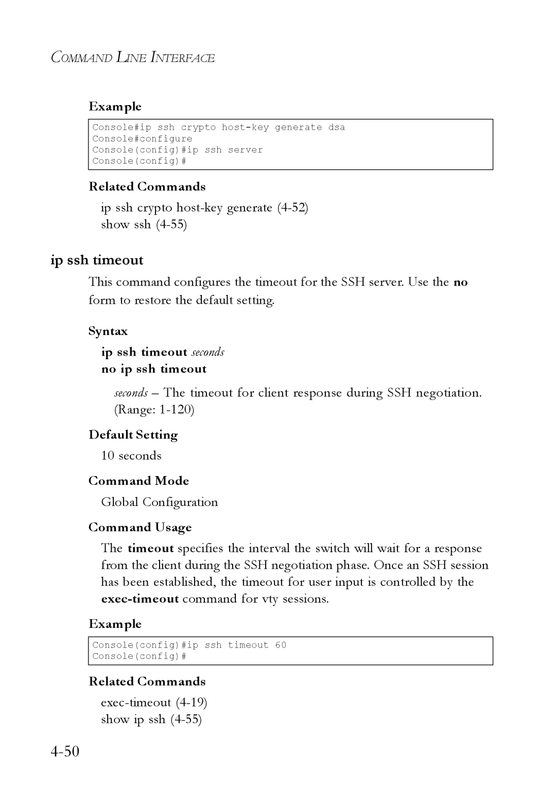 SMC Networks SMC6224M Ip ssh timeout, Ip ssh crypto host-key generate 4-52 show ssh, Seconds, Exec-timeout4-19 show ip ssh 