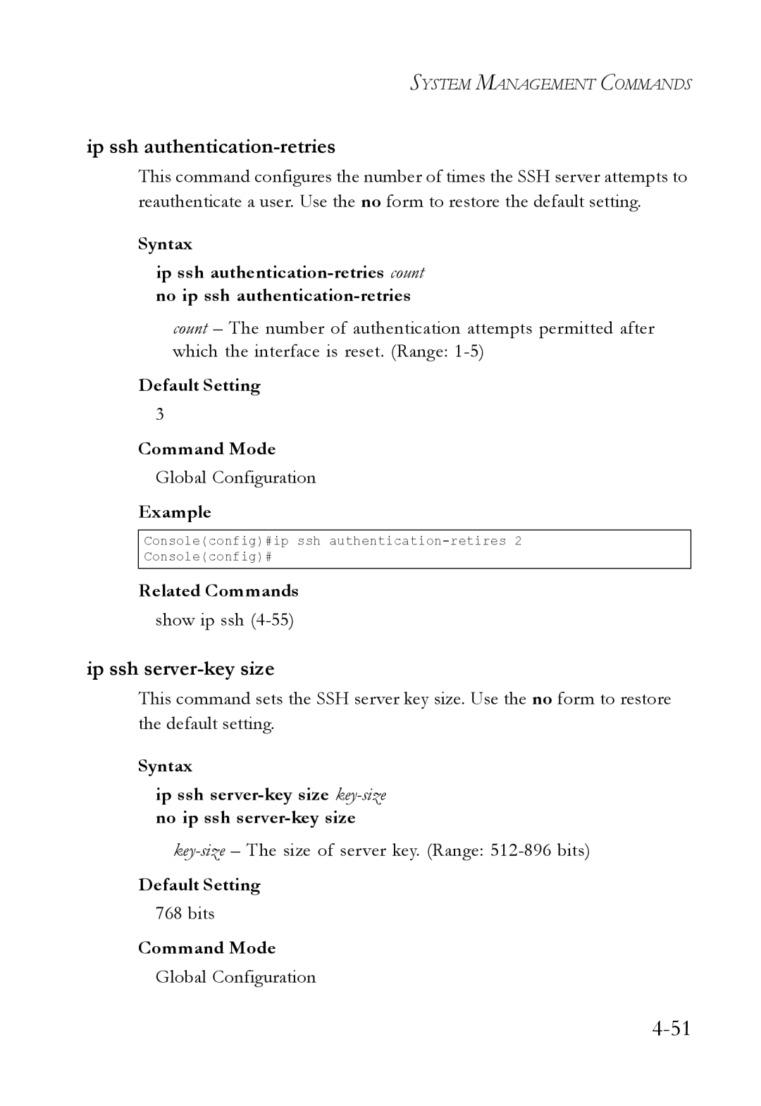 SMC Networks SMC6224M manual Ip ssh authentication-retries, Ip ssh server-key size, Show ip ssh, Bits 