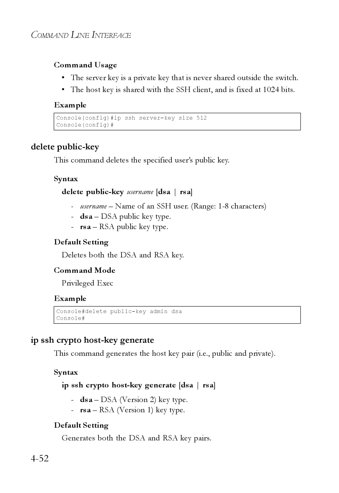 SMC Networks SMC6224M manual Ip ssh crypto host-key generate, Syntax Delete public-key username dsa rsa 