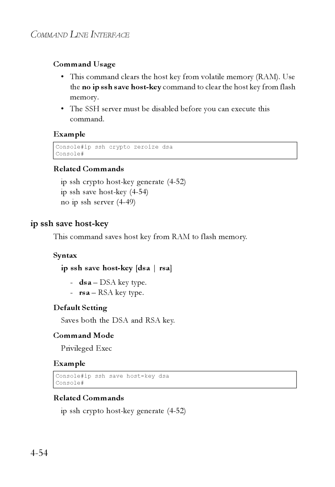 SMC Networks SMC6224M manual Ip ssh save host-key, This command saves host key from RAM to flash memory 