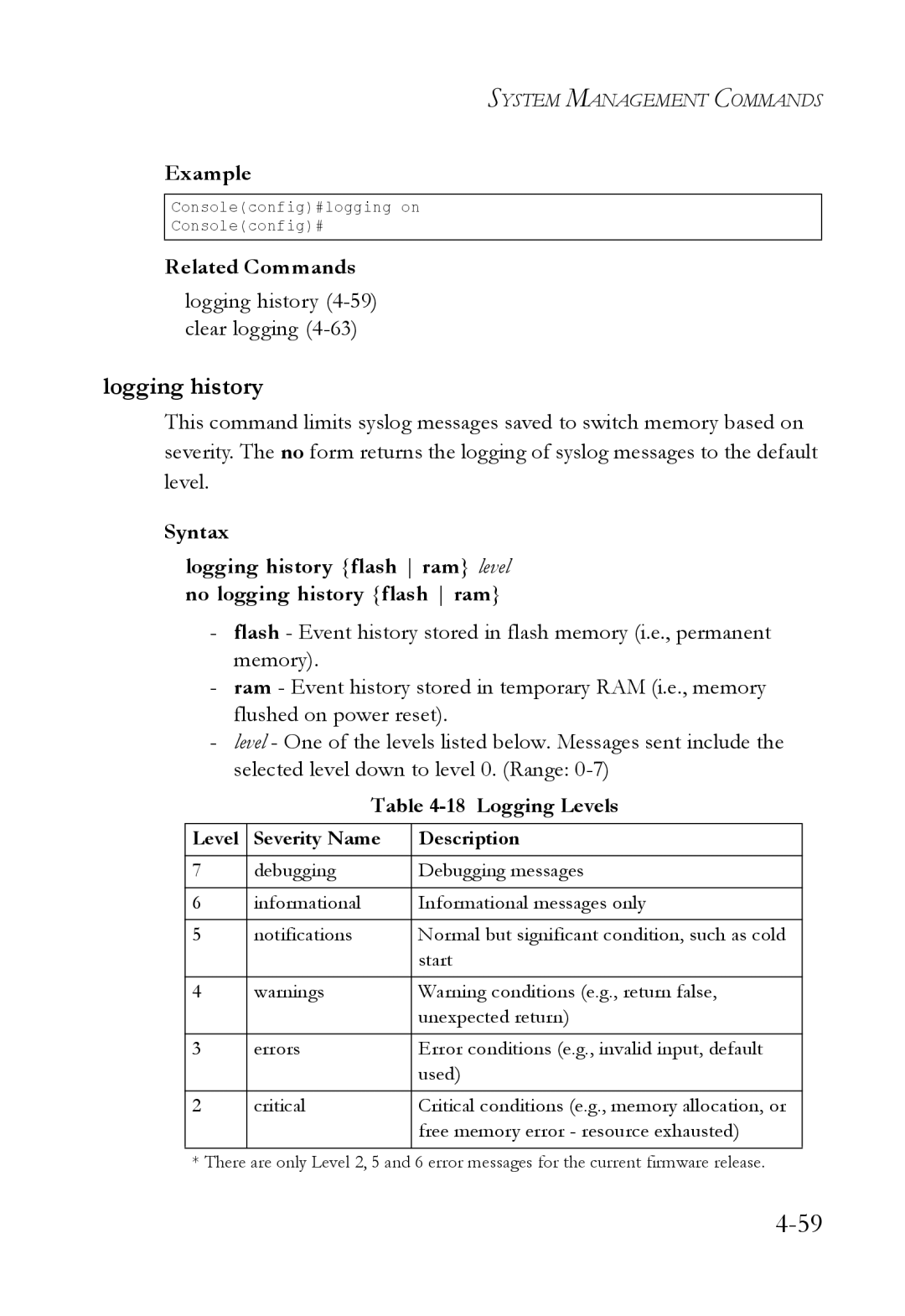 SMC Networks SMC6224M manual Logging history 4-59 clear logging, Logging Levels 