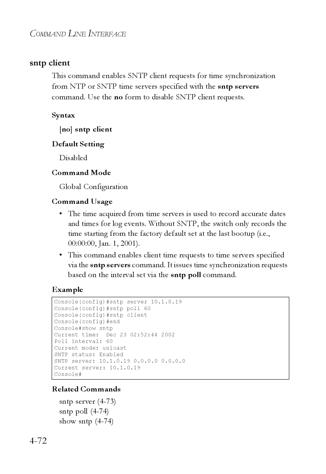 SMC Networks SMC6224M manual Sntp client, Syntax No sntp client Default Setting, Sntp server 4-73 sntp poll 4-74 show sntp 