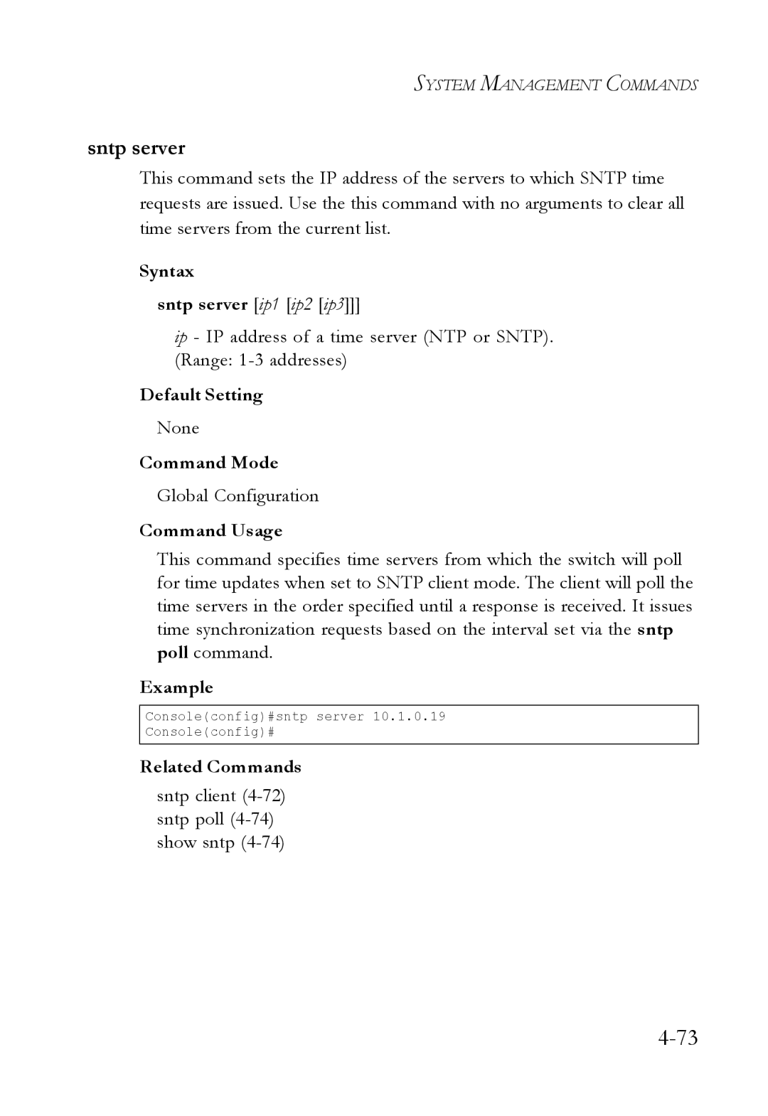 SMC Networks SMC6224M manual Syntax Sntp server ip1 ip2 ip3, Sntp client 4-72 sntp poll 4-74 show sntp 