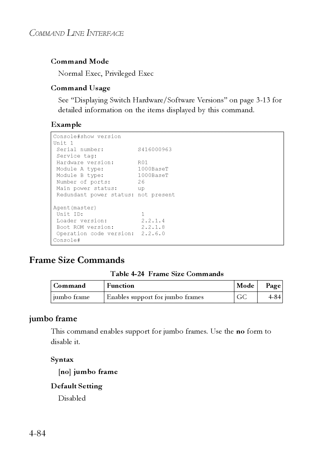 SMC Networks SMC6224M manual Frame Size Commands, Jumbo frame, Syntax No jumbo frame Default Setting 