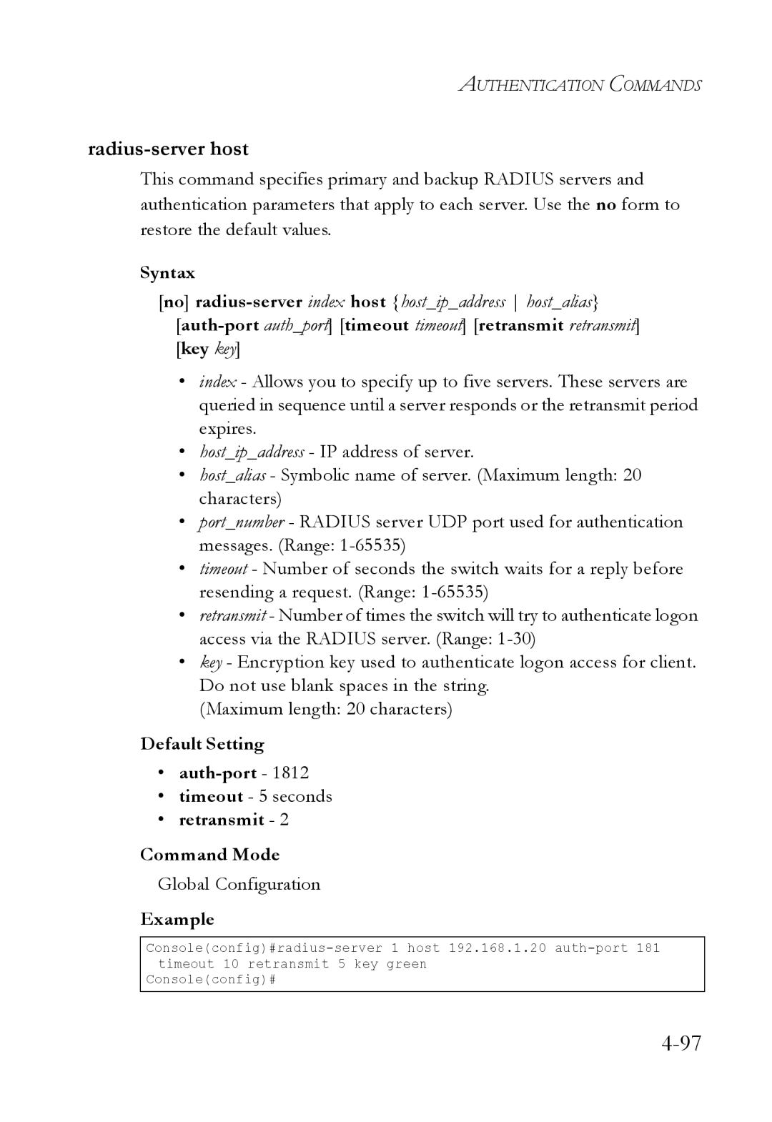 SMC Networks SMC6224M manual Radius-server host, Default Setting Auth-port, Timeout 5 seconds, Retransmit Command Mode 