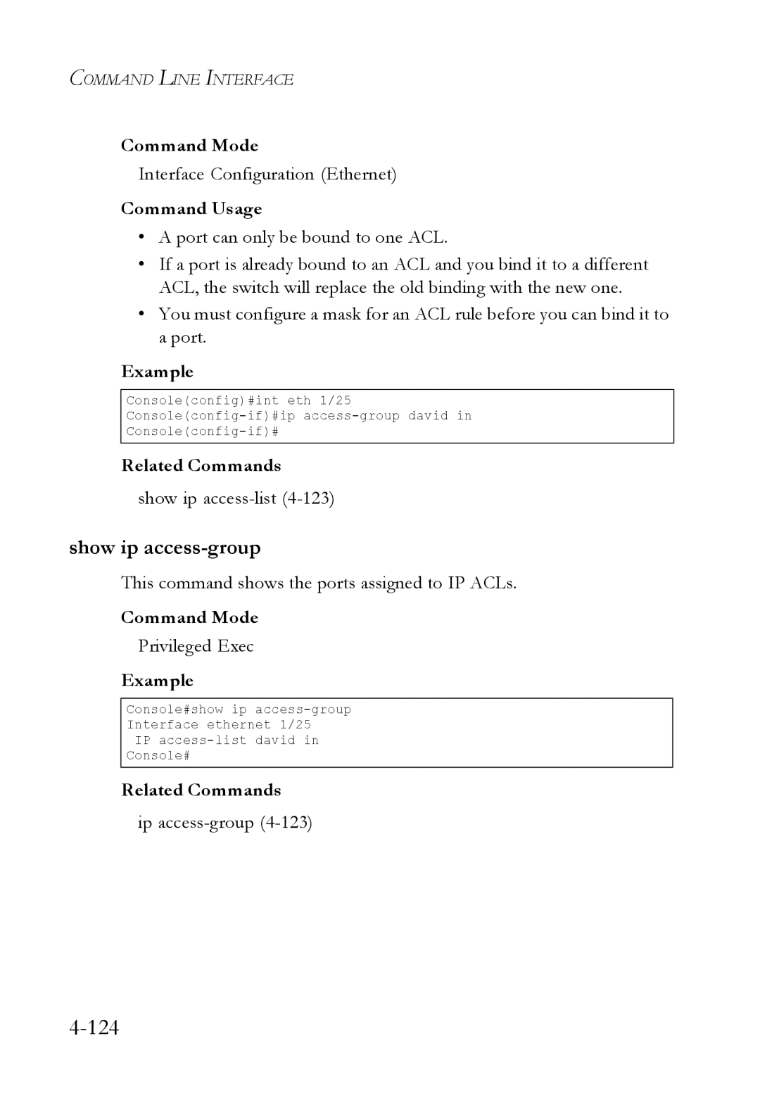 SMC Networks SMC6224M Show ip access-group, Show ip access-list4-123, This command shows the ports assigned to IP ACLs 