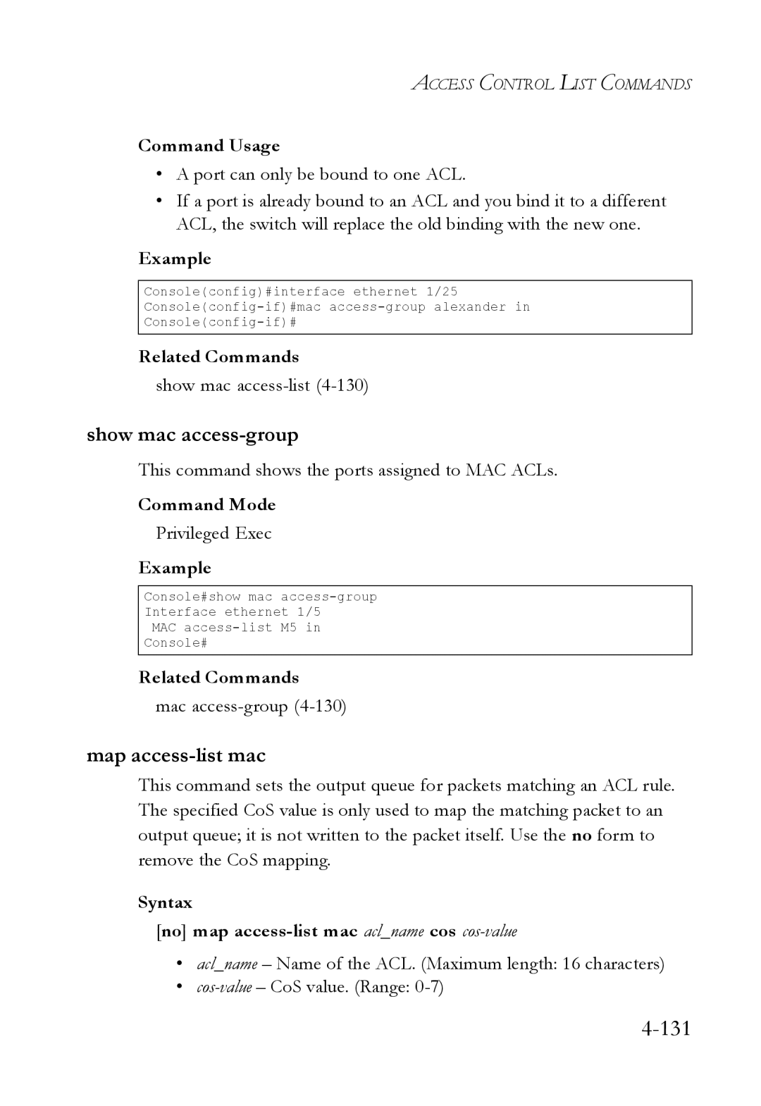 SMC Networks SMC6224M manual Show mac access-group, Map access-list mac, Show mac access-list4-130 