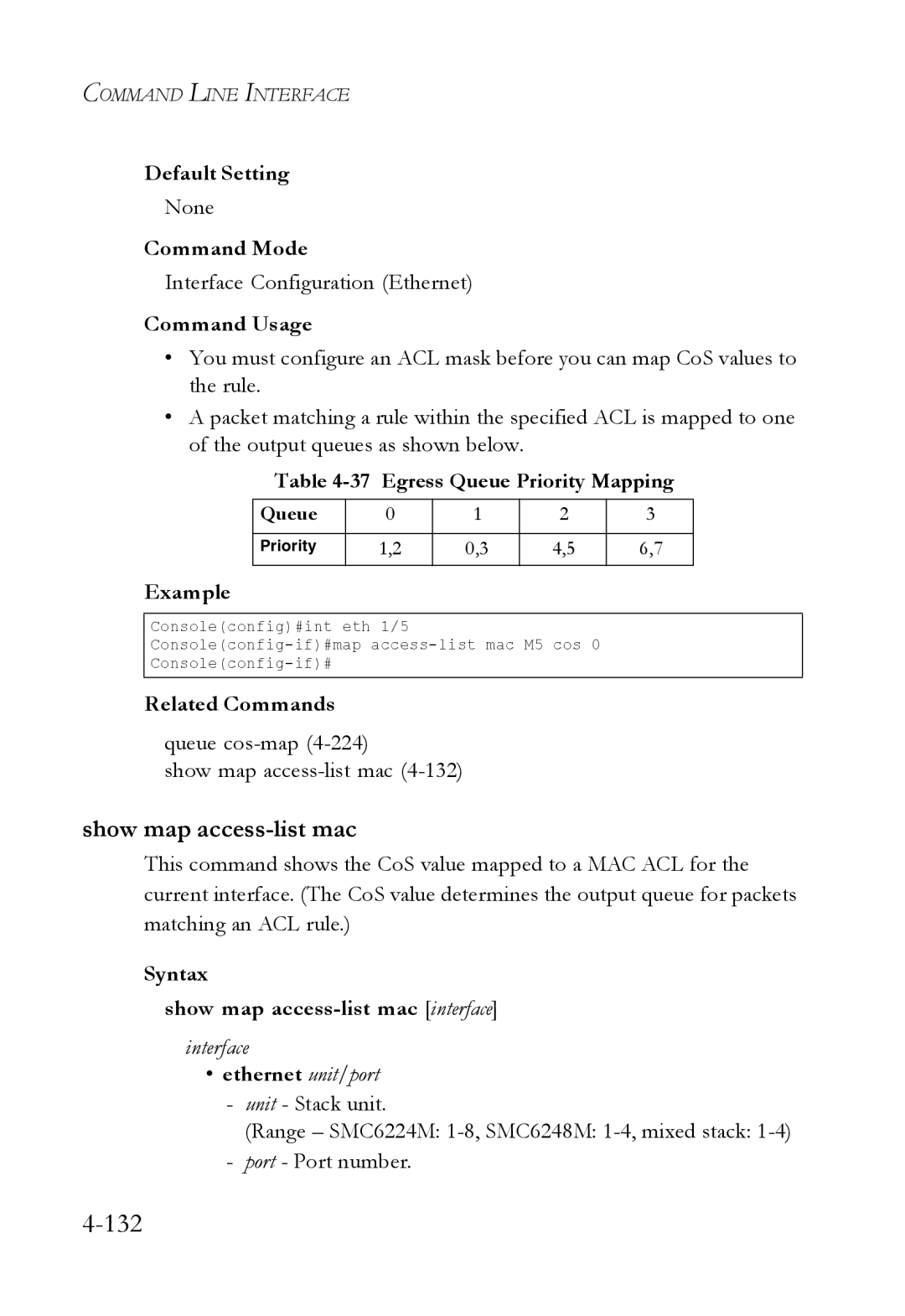 SMC Networks SMC6224M manual Egress Queue Priority Mapping, Queue cos-map4-224 Show map access-list mac 