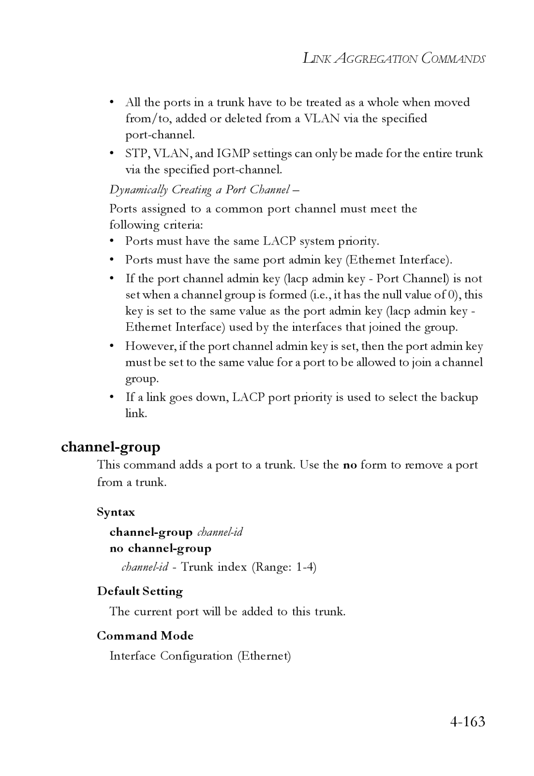 SMC Networks SMC6224M manual Syntax Channel-group channel-idno channel-group, Channel-id- Trunk index Range 