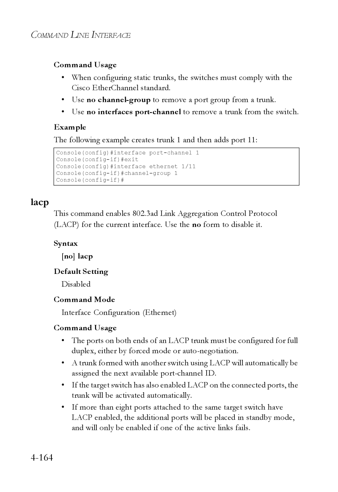 SMC Networks SMC6224M manual Lacp, Following example creates trunk 1 and then adds port, Syntax no lacp Default Setting 