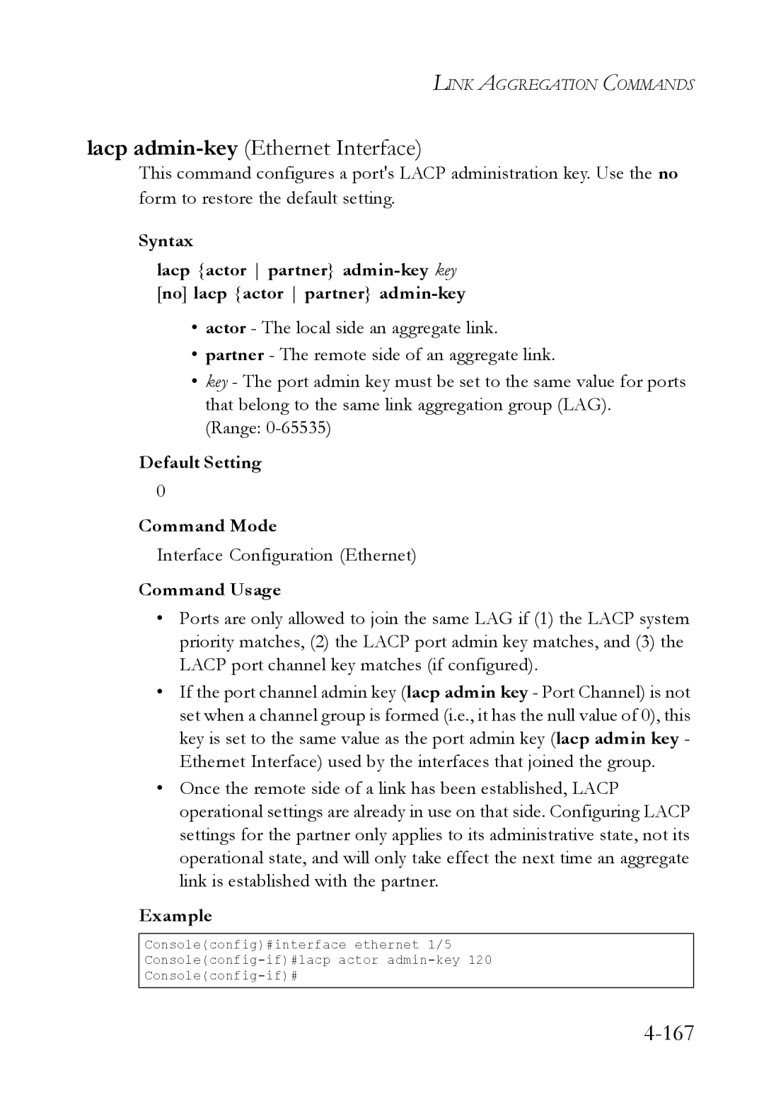 SMC Networks SMC6224M manual Lacp admin-keyEthernet Interface, Default Setting Command Mode 