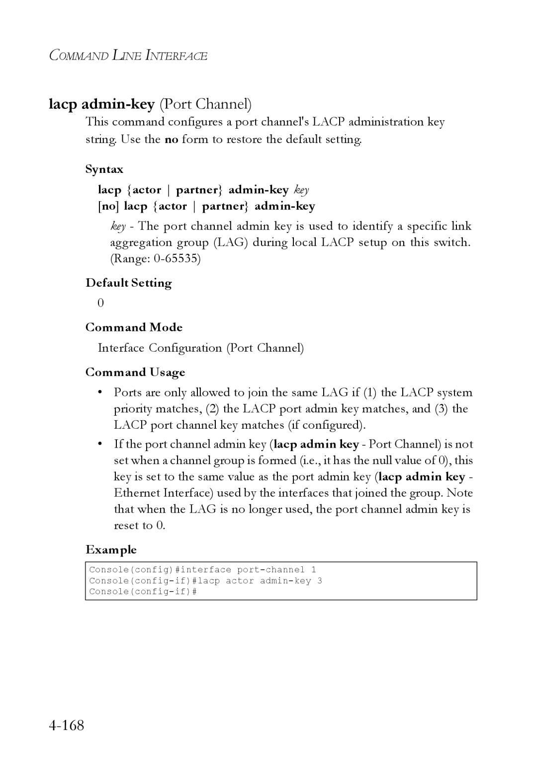 SMC Networks SMC6224M manual Lacp admin-key Port Channel, Interface Configuration Port Channel 