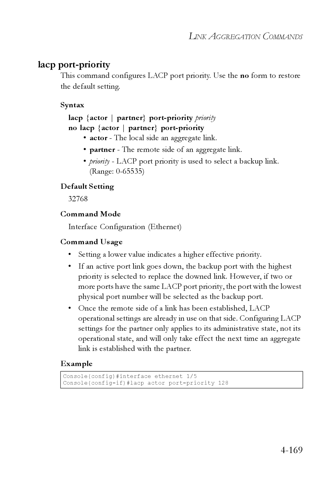 SMC Networks SMC6224M manual Lacp port-priority, Default Setting 