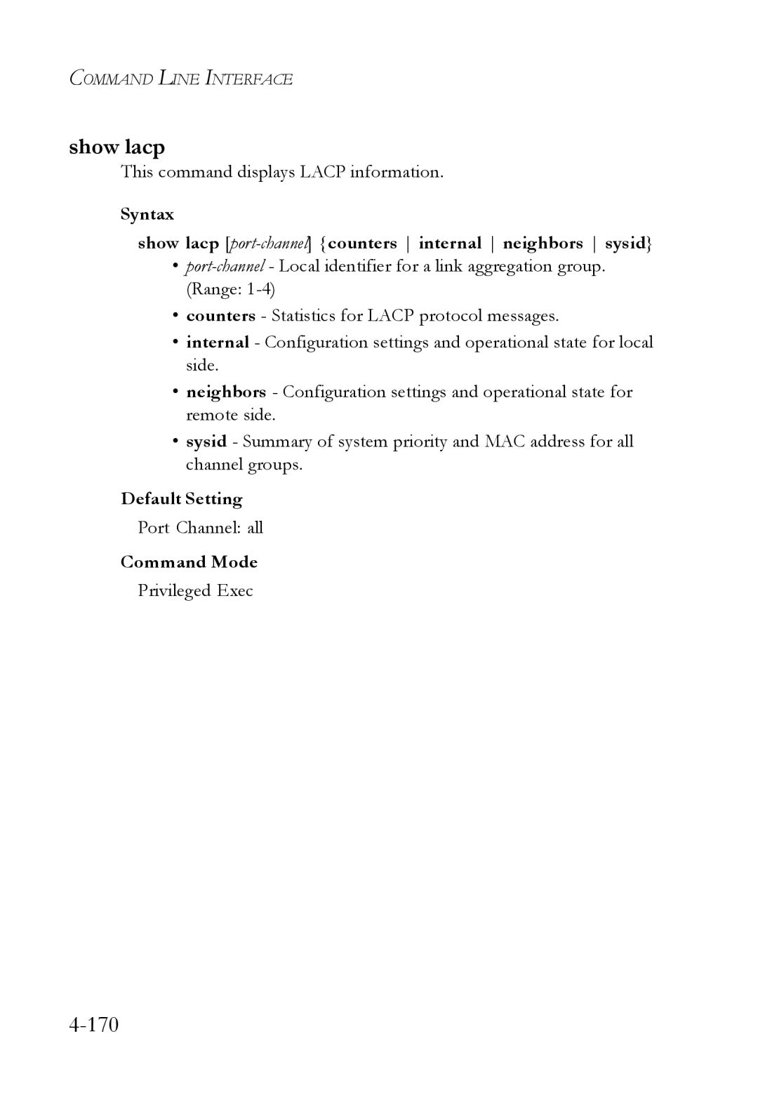 SMC Networks SMC6224M manual Show lacp, This command displays Lacp information, Port Channel all 