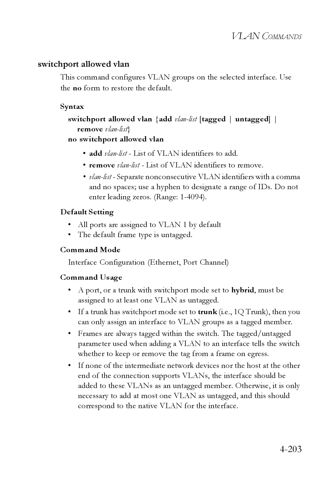 SMC Networks SMC6224M manual 203, Switchport allowed vlan 