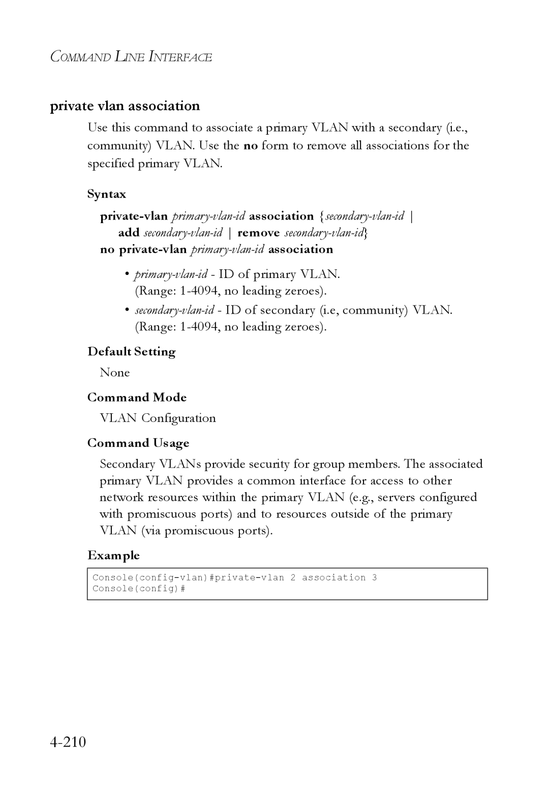 SMC Networks SMC6224M manual 210, Private vlan association, No private-vlan primary-vlan-idassociation 