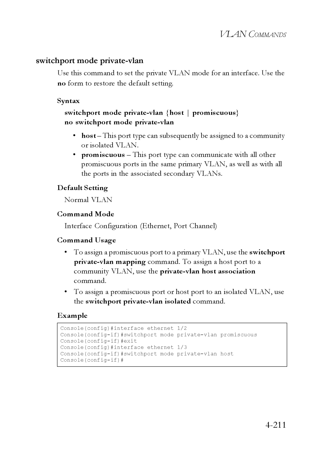 SMC Networks SMC6224M manual 211, Switchport mode private-vlan, Normal Vlan 