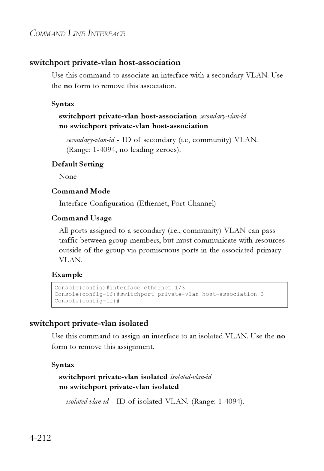 SMC Networks SMC6224M manual 212, Switchport private-vlan host-association, Switchport private-vlan isolated 