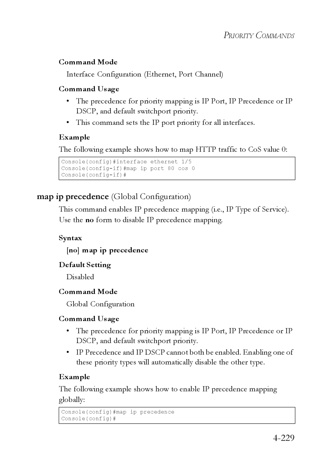 SMC Networks SMC6224M manual 229, Syntax No map ip precedence Default Setting 