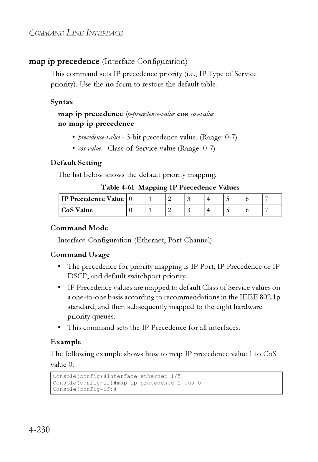 SMC Networks SMC6224M manual 230, List below shows the default priority mapping, Mapping IP Precedence Values 