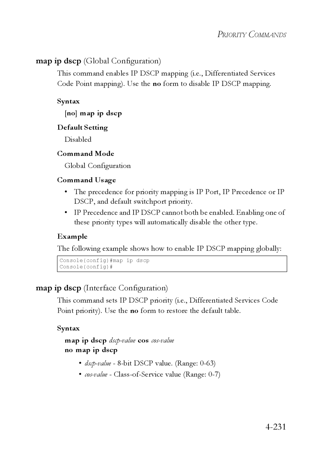 SMC Networks SMC6224M manual 231, Syntax No map ip dscp Default Setting 