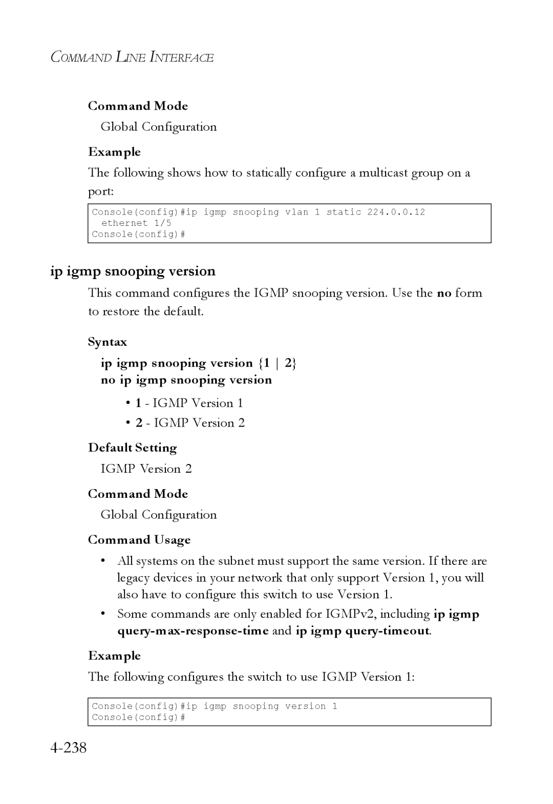 SMC Networks SMC6224M manual 238, Ip igmp snooping version, Following configures the switch to use Igmp Version 