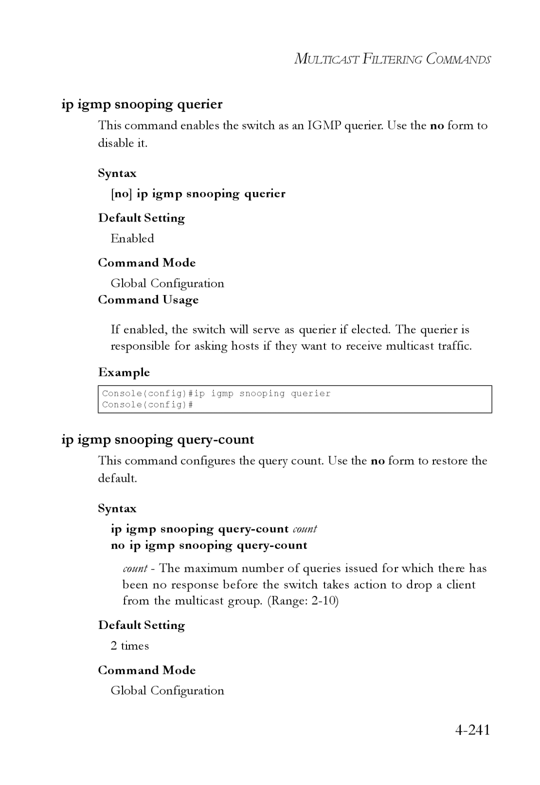 SMC Networks SMC6224M manual 241, Ip igmp snooping querier, Ip igmp snooping query-count, Times 