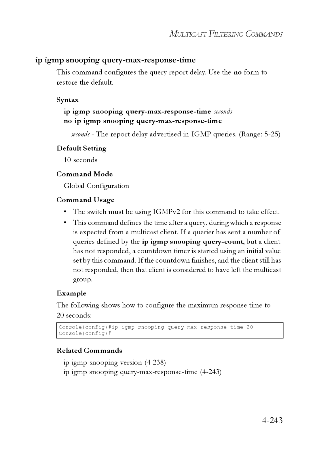 SMC Networks SMC6224M manual 243, Ip igmp snooping query-max-response-time 