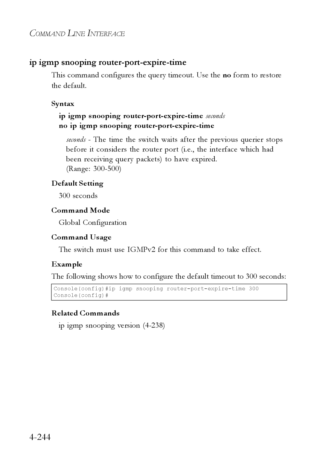 SMC Networks SMC6224M manual 244, Ip igmp snooping router-port-expire-time 