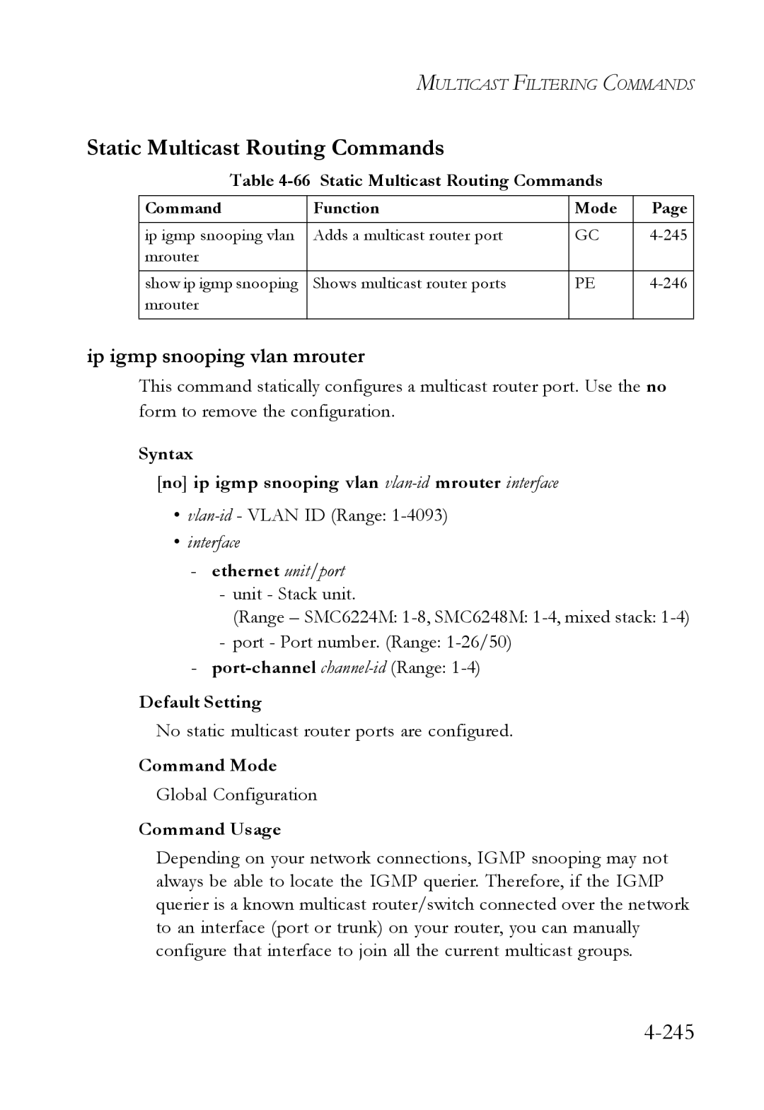 SMC Networks SMC6224M manual Static Multicast Routing Commands, 245, Ip igmp snooping vlan mrouter 