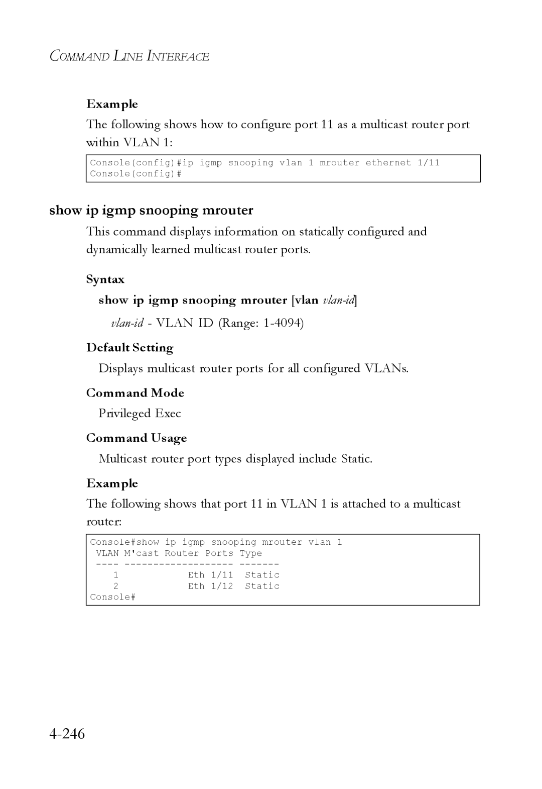 SMC Networks SMC6224M manual 246, Syntax Show ip igmp snooping mrouter vlan vlan-id 