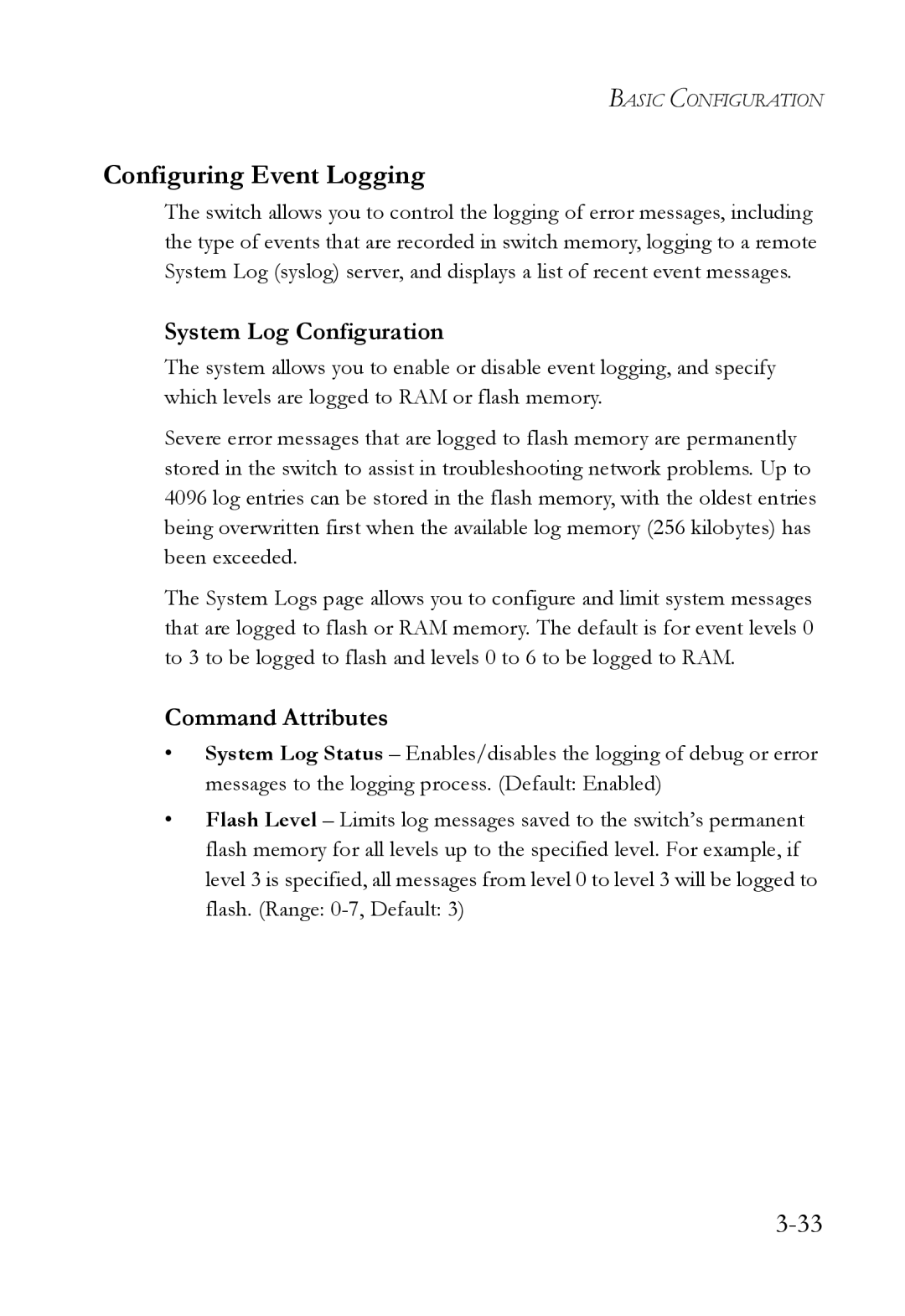 SMC Networks SMC6224M manual Configuring Event Logging, System Log Configuration 