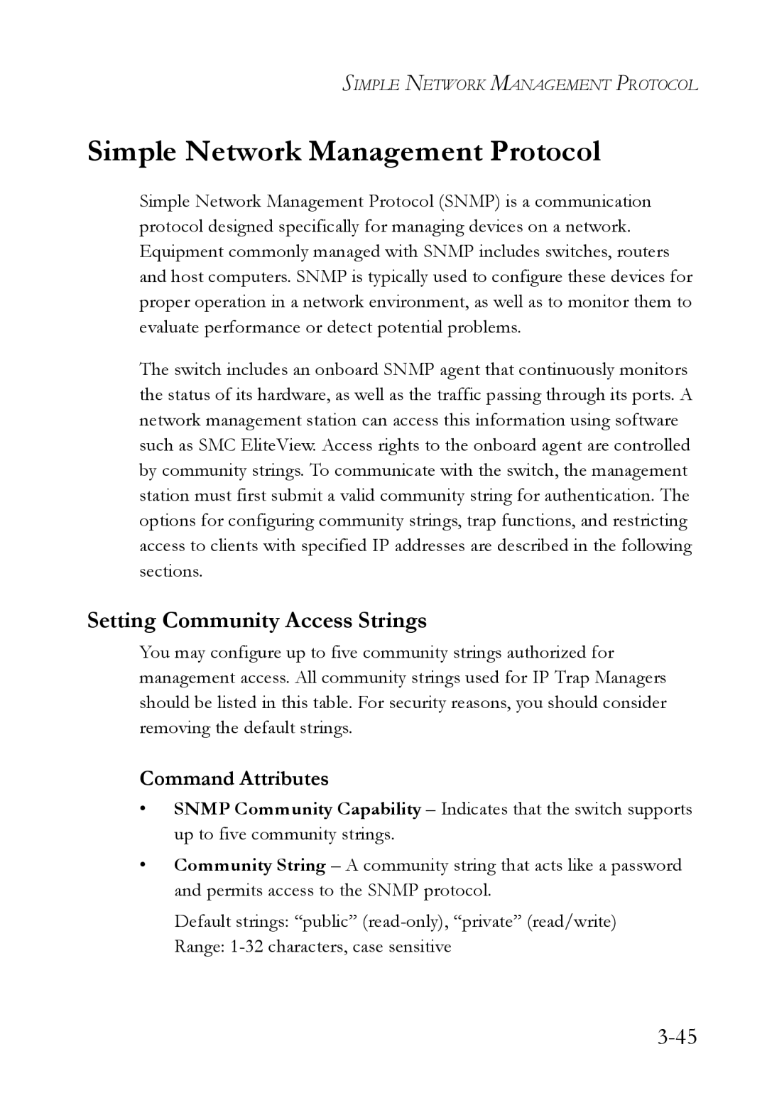 SMC Networks SMC6224M manual Simple Network Management Protocol, Setting Community Access Strings 