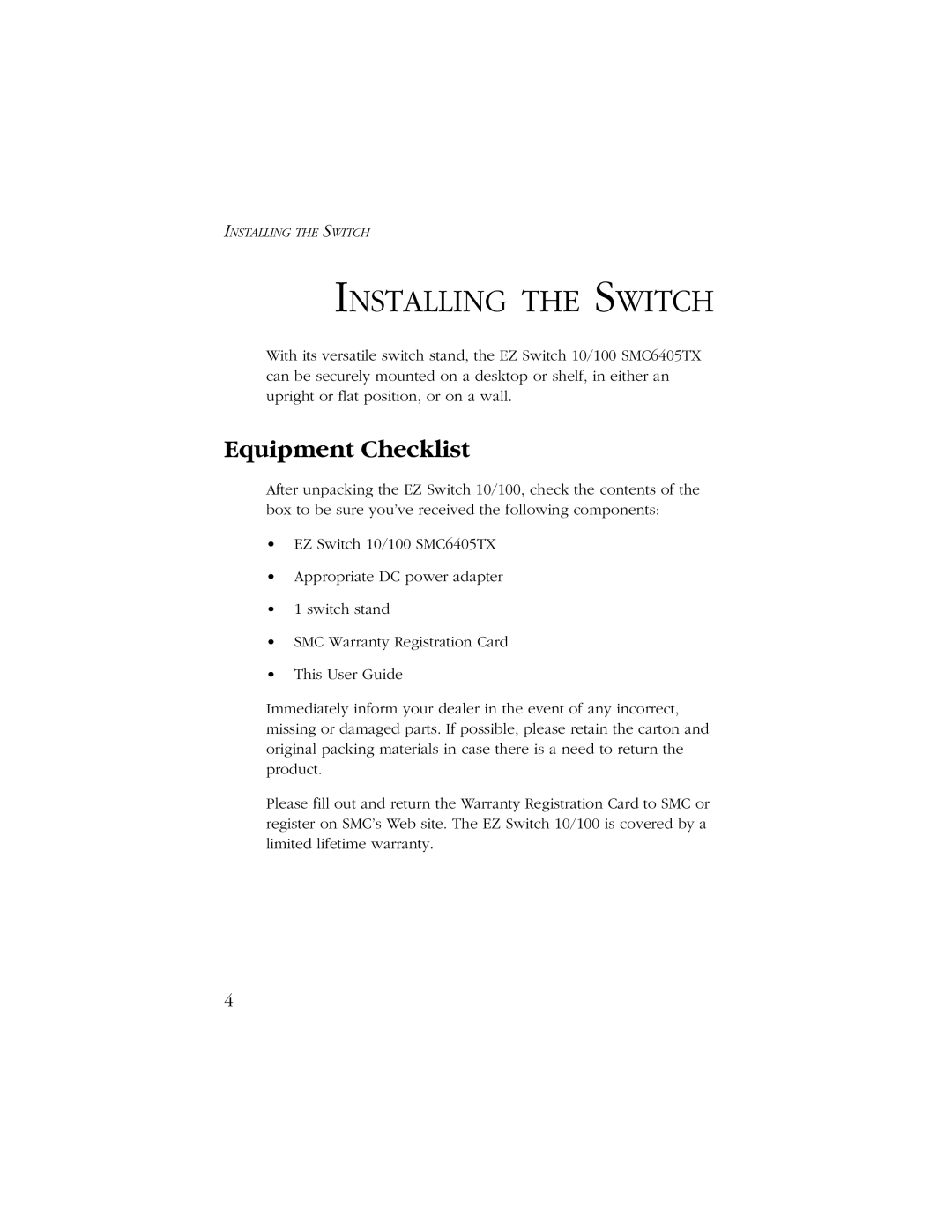 SMC Networks SMC6405TX manual Installing the Switch, Equipment Checklist 