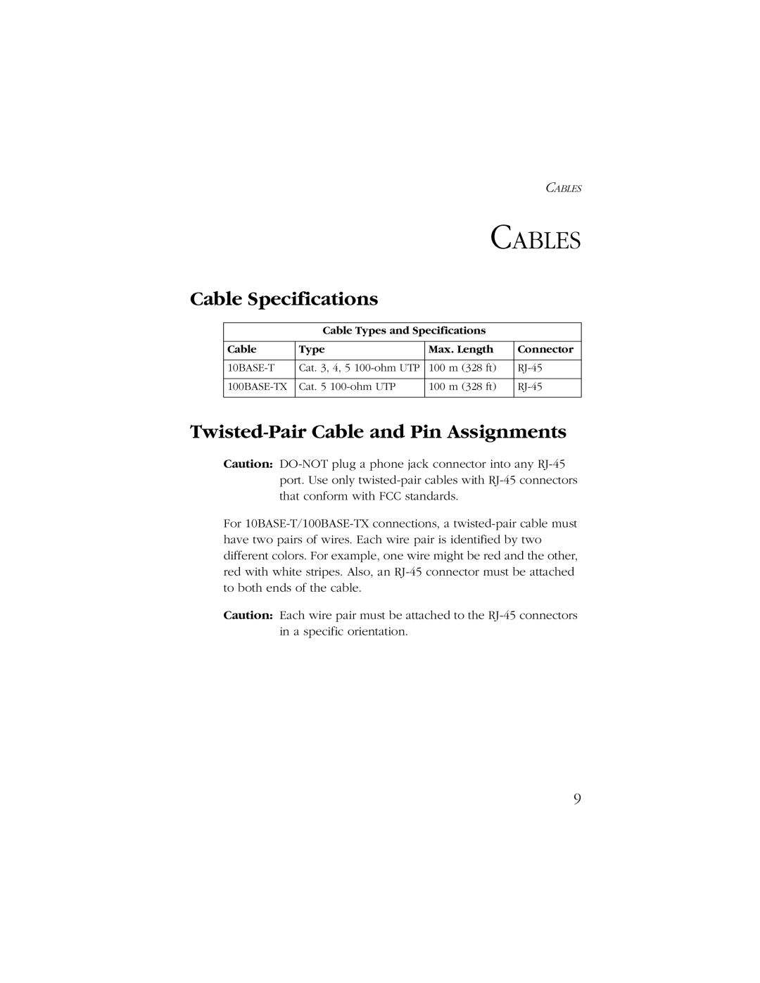 SMC Networks SMC6405TX manual Cables, Cable Specifications, Twisted-Pair Cable and Pin Assignments 