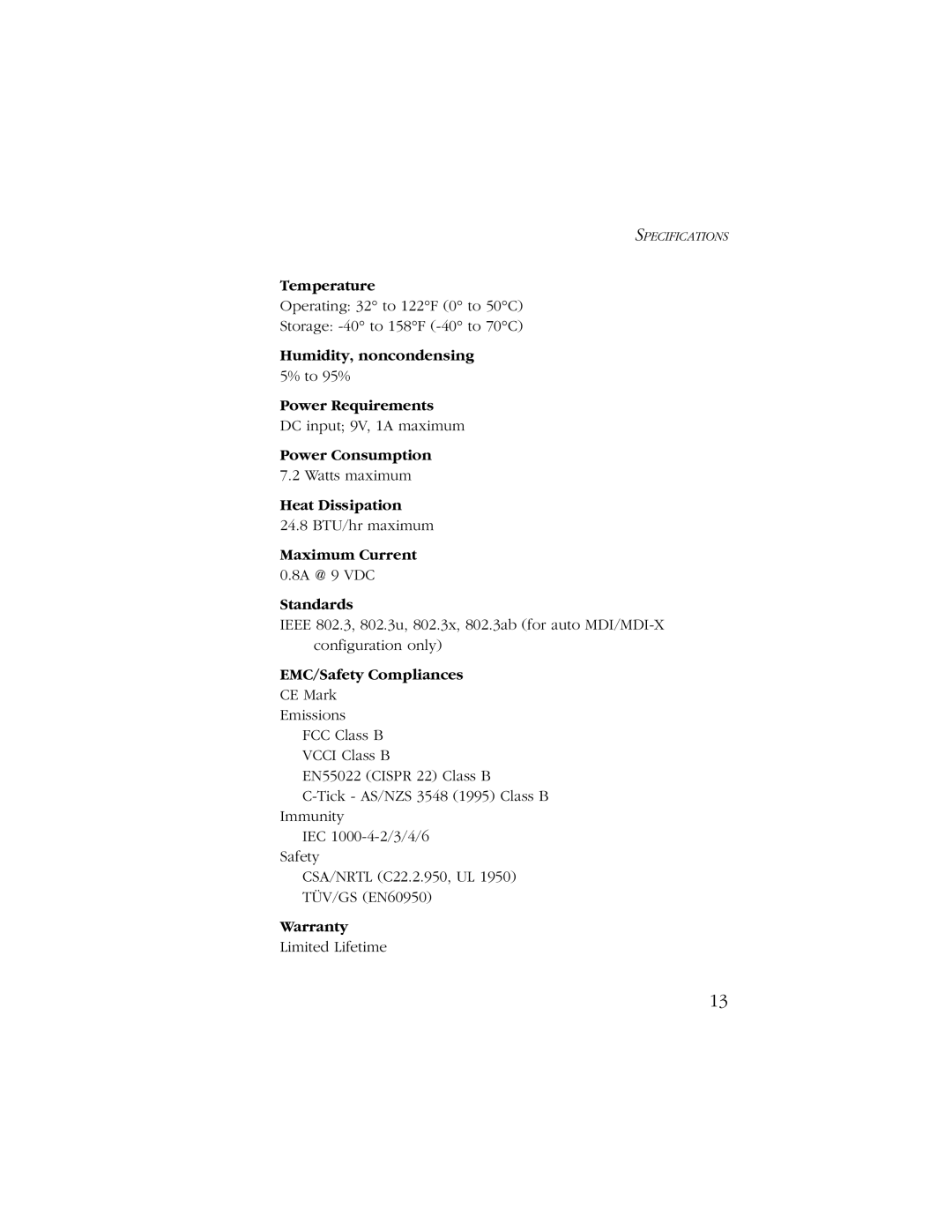 SMC Networks SMC6405TX manual Temperature 