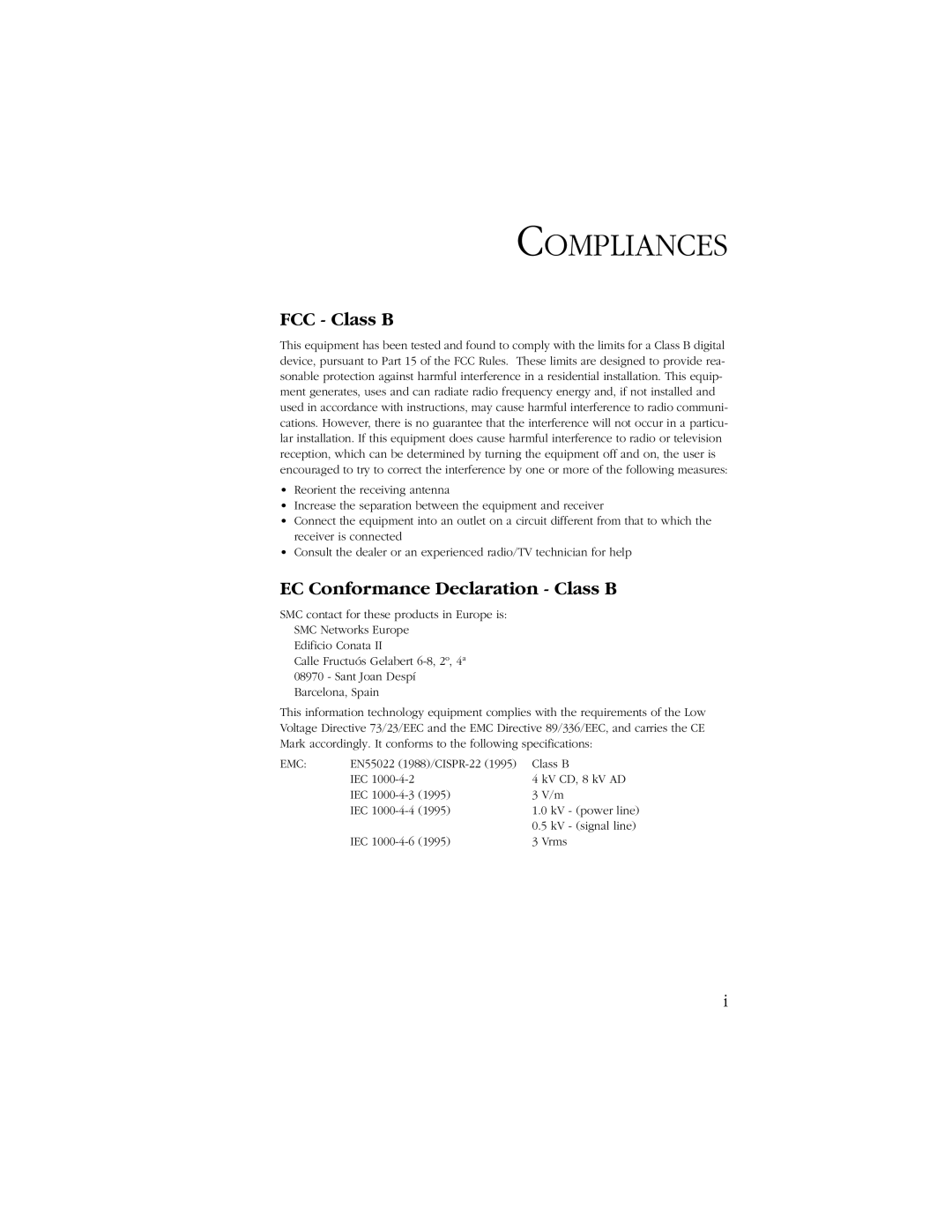 SMC Networks SMC6405TX manual Compliances, FCC Class B 