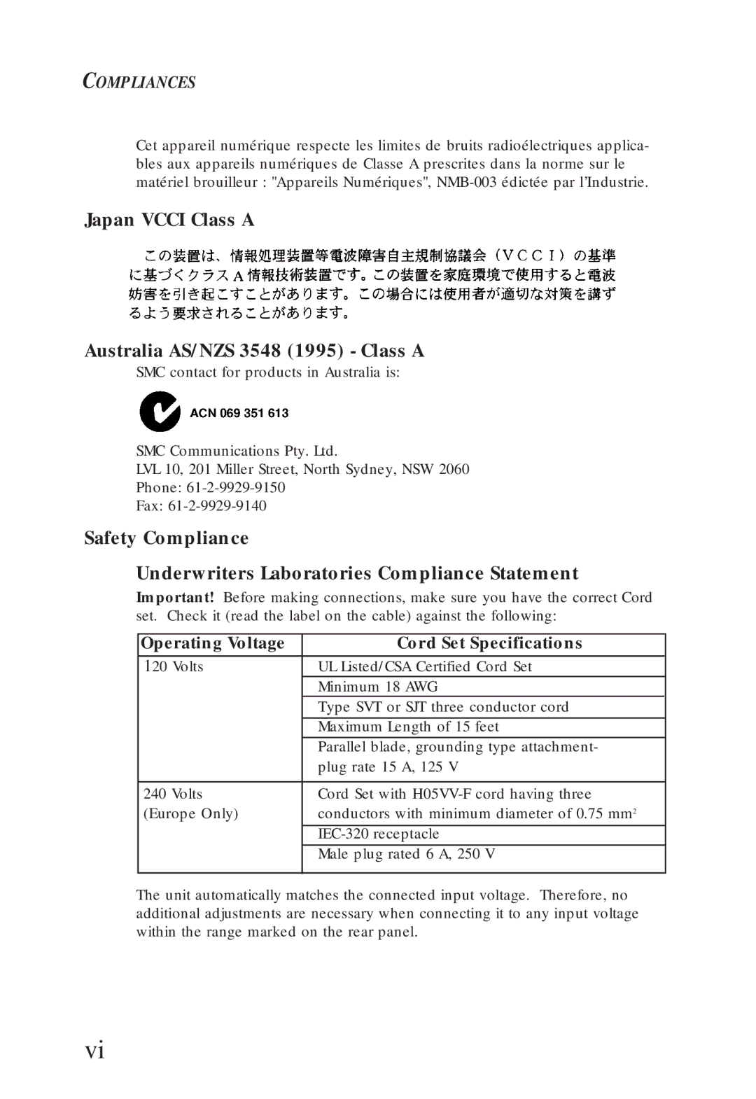 SMC Networks SMC6608T, SMC6608M manual Japan Vcci Class a Australia AS/NZS 3548 1995 Class a, Compliances 