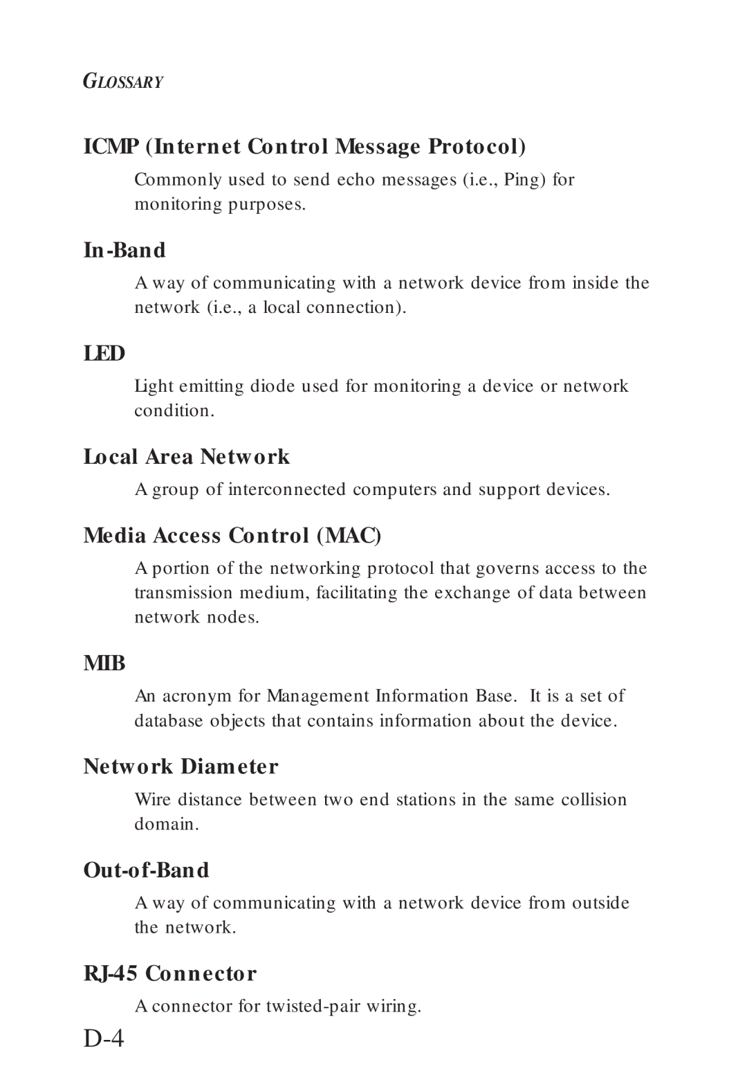 SMC Networks SMC6608T manual Icmp Internet Control Message Protocol, In-Band, Local Area Network, Media Access Control MAC 