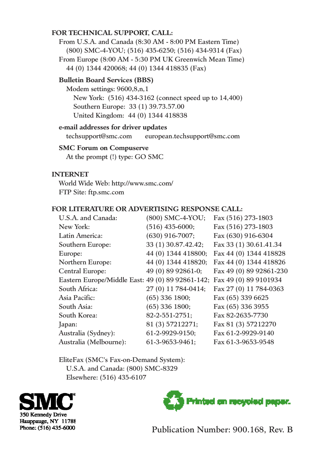 SMC Networks SMC6608T, SMC6608M manual Publication Number 900.168, Rev. B 