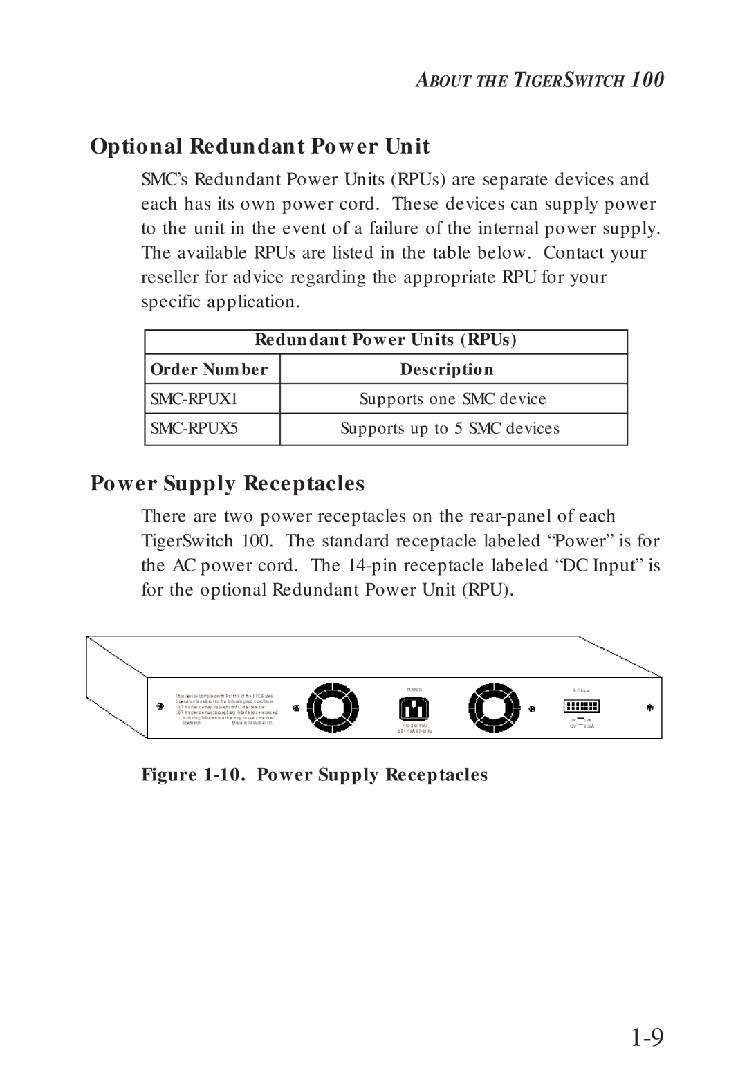 SMC Networks SMC6608M, SMC6608T manual Optional Redundant Power Unit, Power Supply Receptacles, Redundant Power Units RPUs 