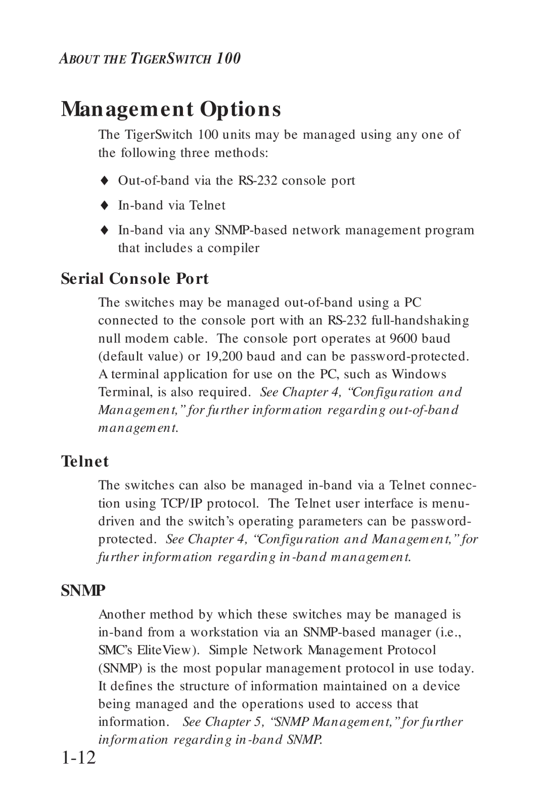 SMC Networks SMC6608T, SMC6608M manual Management Options, Serial Console Port, Telnet 