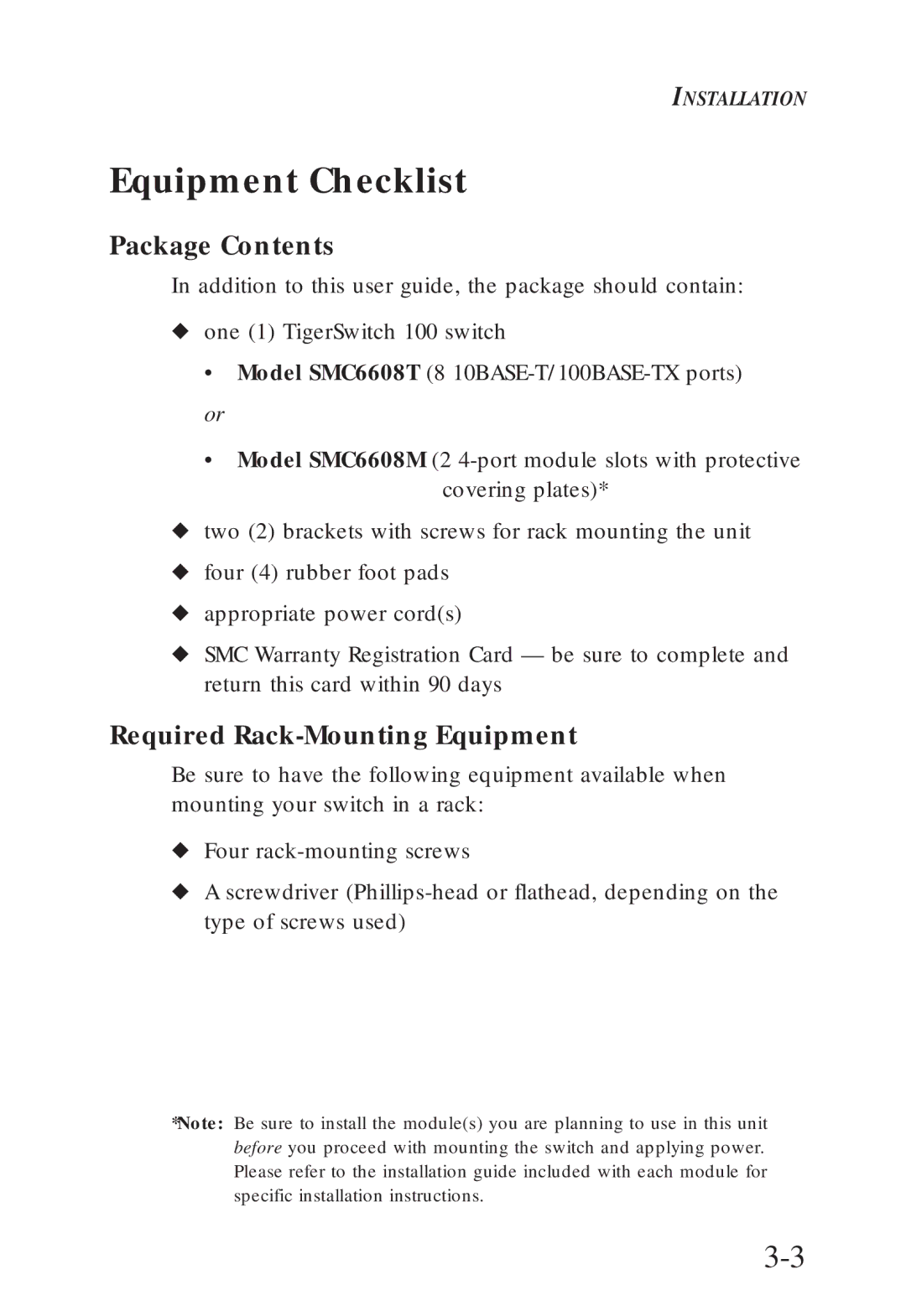 SMC Networks SMC6608M, SMC6608T manual Equipment Checklist, Package Contents, Required Rack-Mounting Equipment 