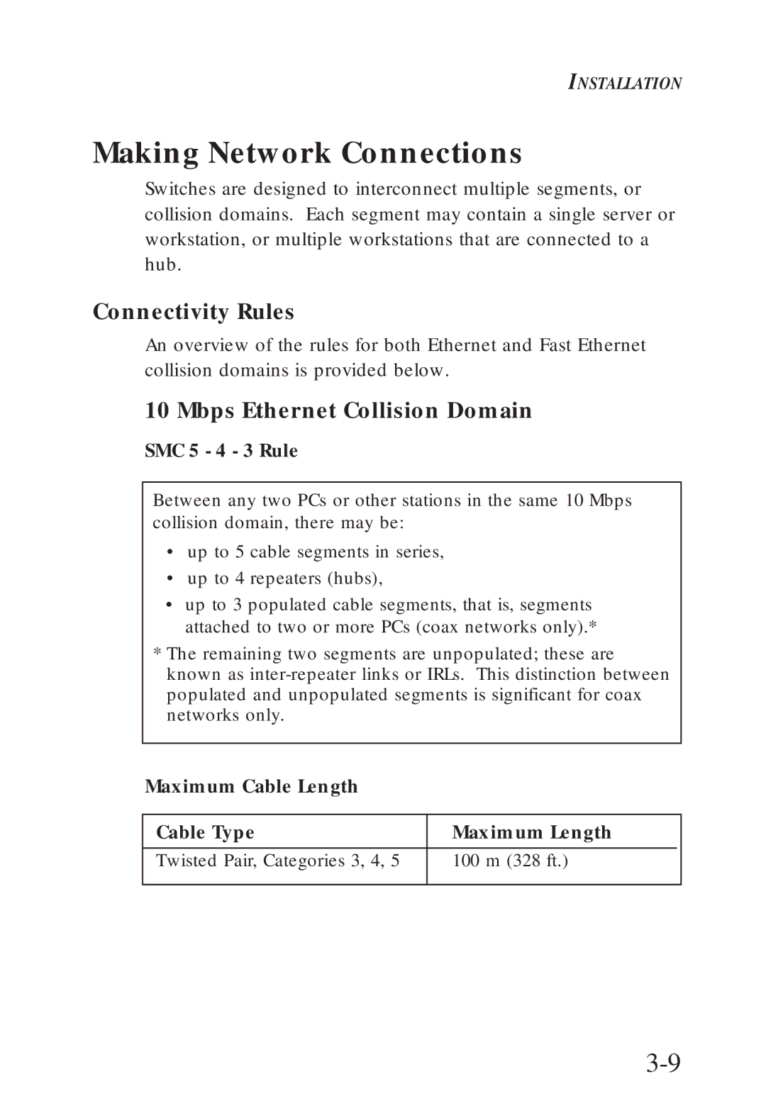 SMC Networks SMC6608M manual Making Network Connections, Connectivity Rules, Mbps Ethernet Collision Domain, SMC 5 4 3 Rule 