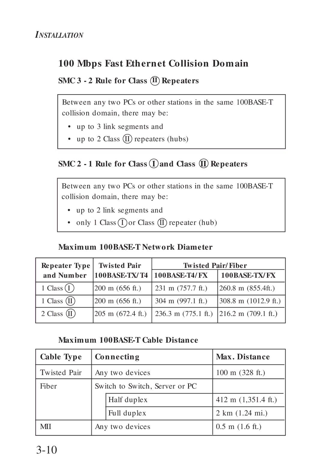 SMC Networks SMC6608T, SMC6608M manual Mbps Fast Ethernet Collision Domain, SMC 3 2 Rule for Class II Repeaters 