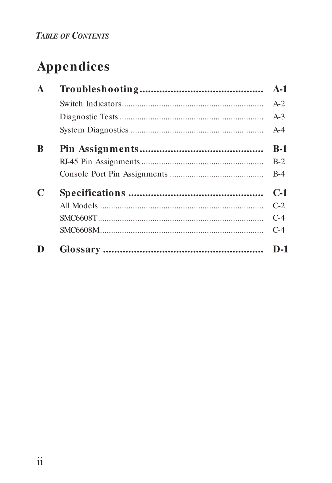 SMC Networks SMC6608T, SMC6608M manual Appendices, Troubleshooting, Pin Assignments, Specifications, Glossary 