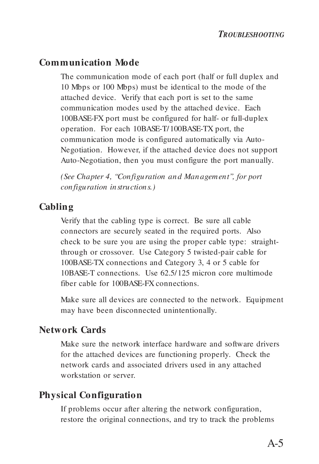 SMC Networks SMC6608M, SMC6608T manual Communication Mode, Cabling, Network Cards, Physical Configuration 