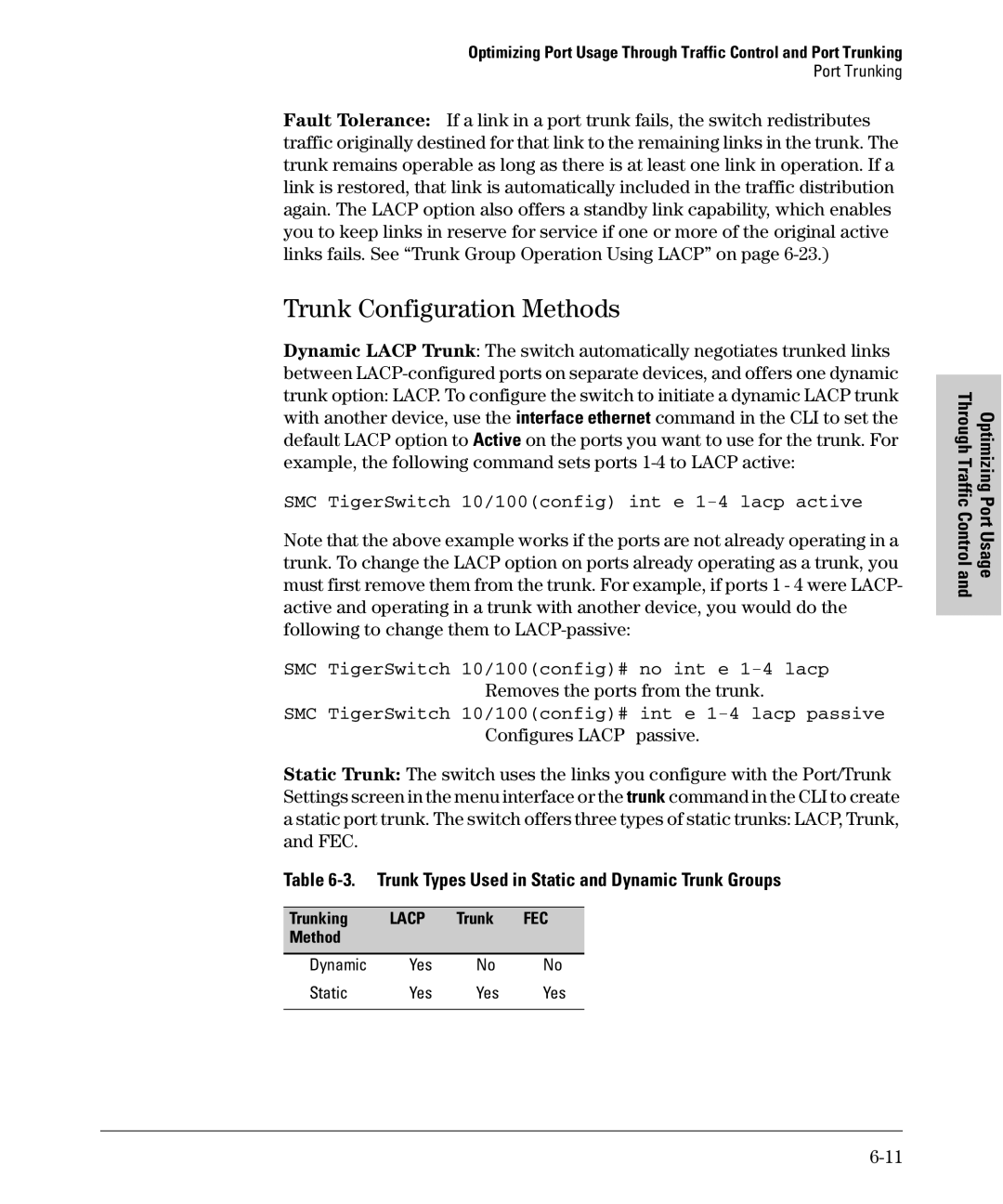 SMC Networks SMC6624M manual Trunk Configuration Methods, Removes the ports from the trunk, Trunking Lacp Trunk FEC Method 