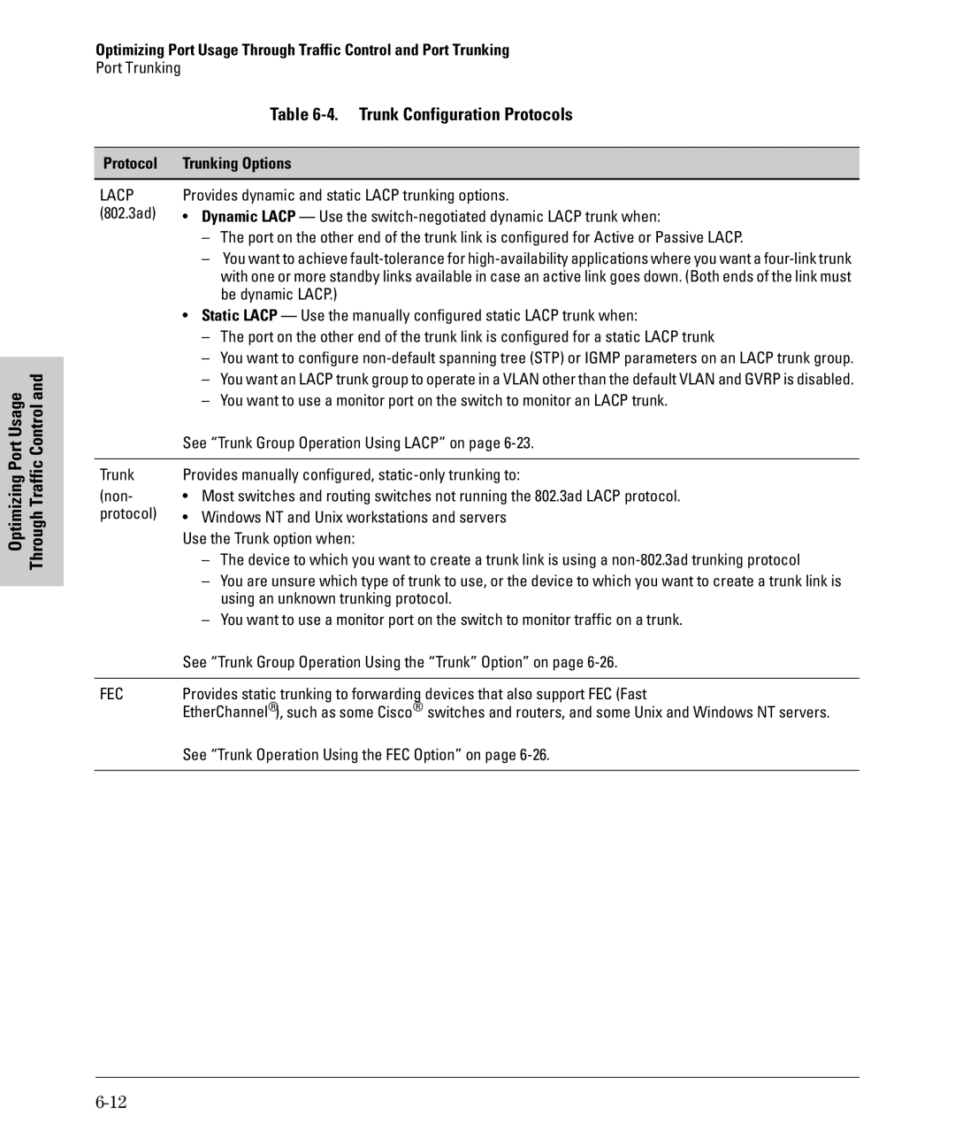 SMC Networks SMC6624M Trunk Configuration Protocols, Protocol Trunking Options, See Trunk Group Operation Using Lacp on 