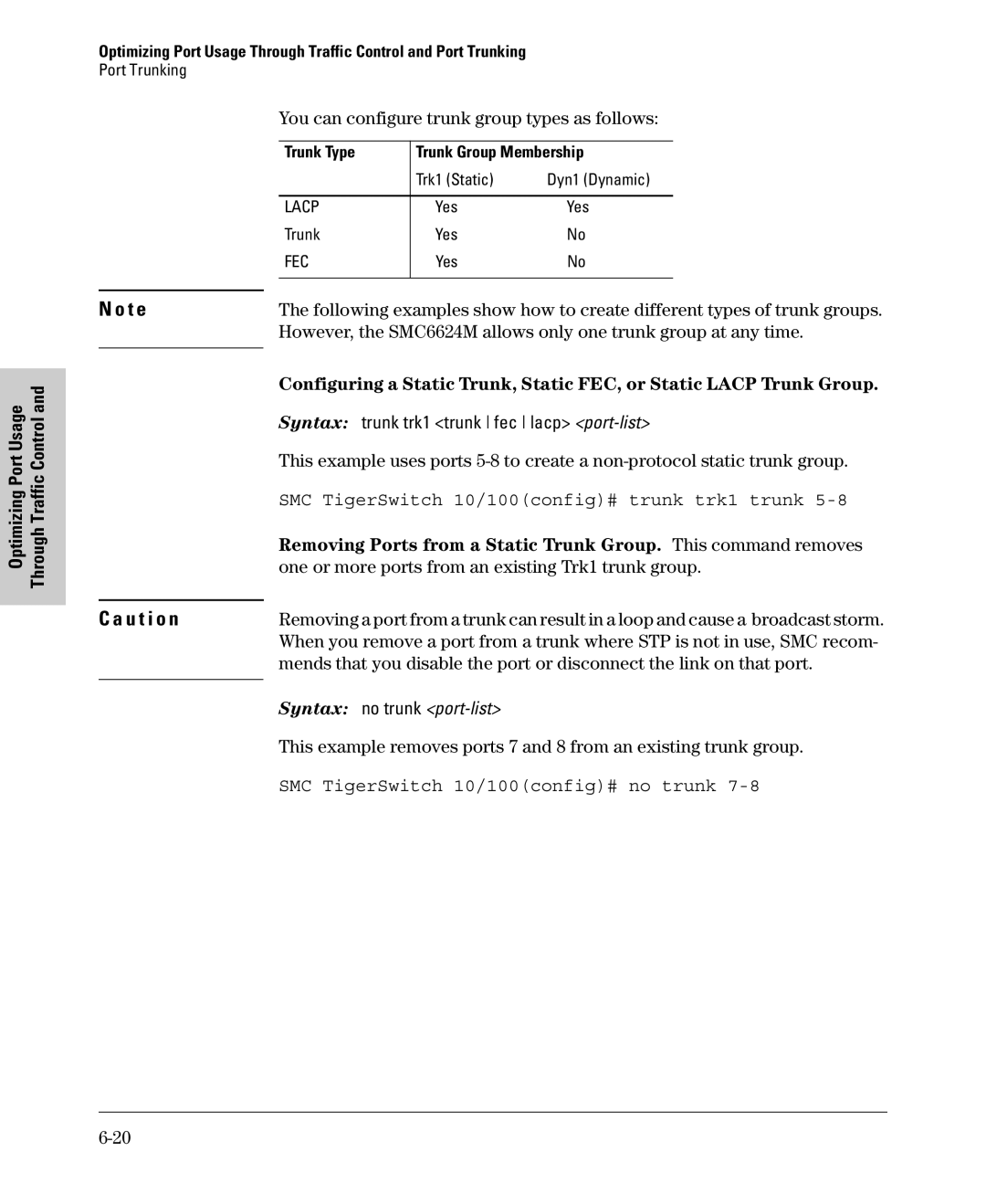 SMC Networks SMC6624M You can configure trunk group types as follows, One or more ports from an existing Trk1 trunk group 